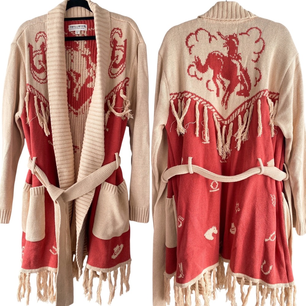 Idyllwind Womens Cardigan XL Tan Red Western Bronco Fringe Cowgirl Belted Boho